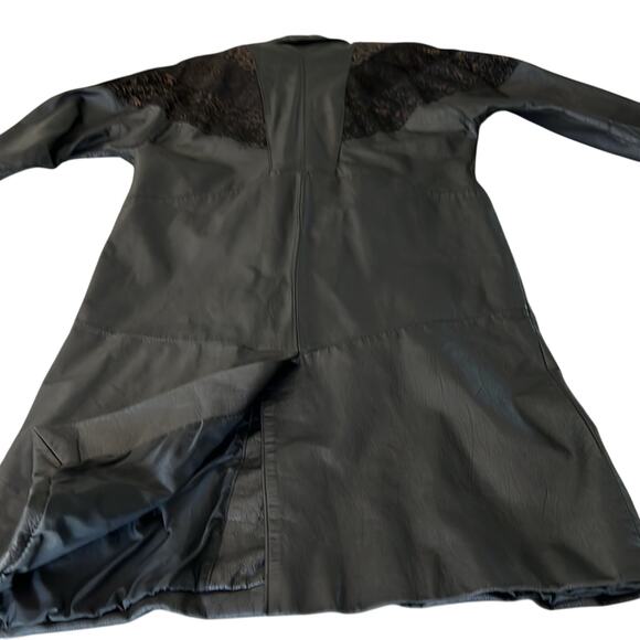 Vintage 80’s Avanti Black Leather Duster Trench Coat Copper Embossed Suede - Picture 7 of 16